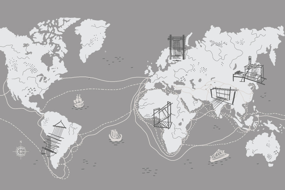 World map illustration of handlooms and trade routes 